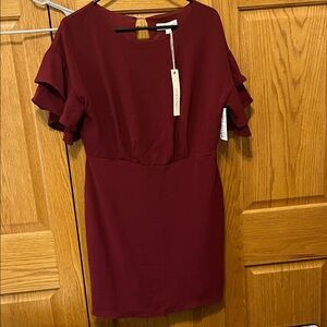 She + Sky Deep Red Ruffle Sleeve Mini Dress